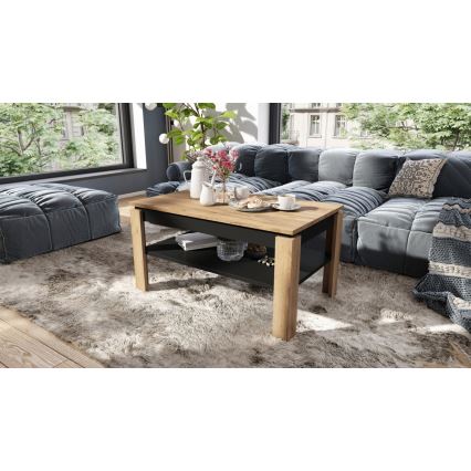 Mesa de centro dobrável com tampo elevatório e prateleira ADEN carvalho/preto