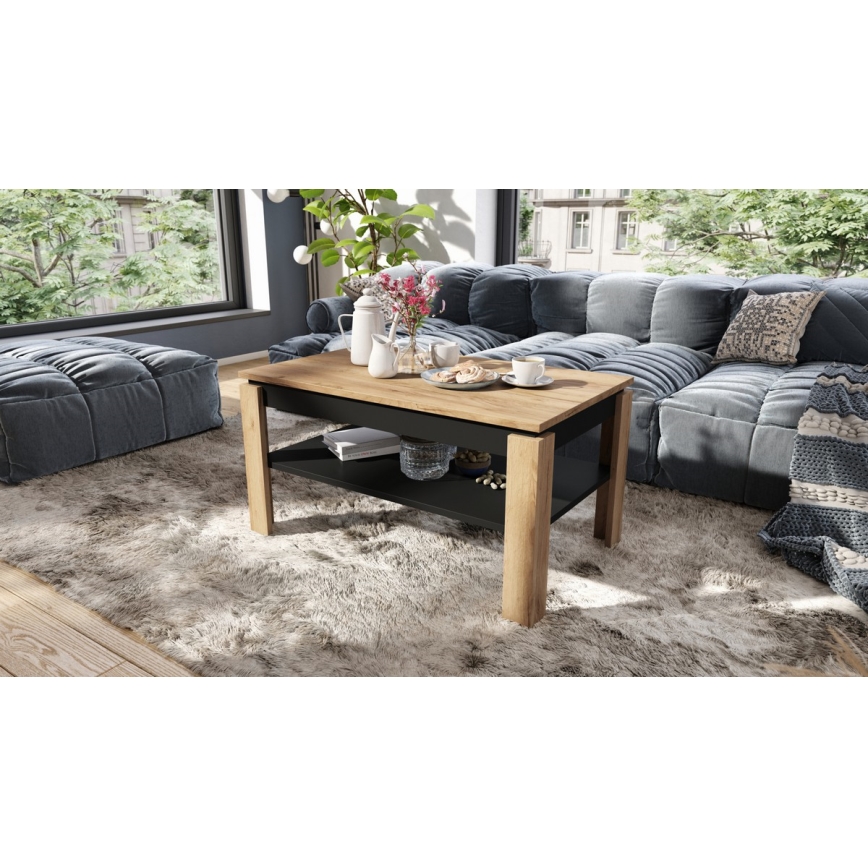 Mesa de centro dobrável com tampo elevatório e prateleira ADEN carvalho/preto