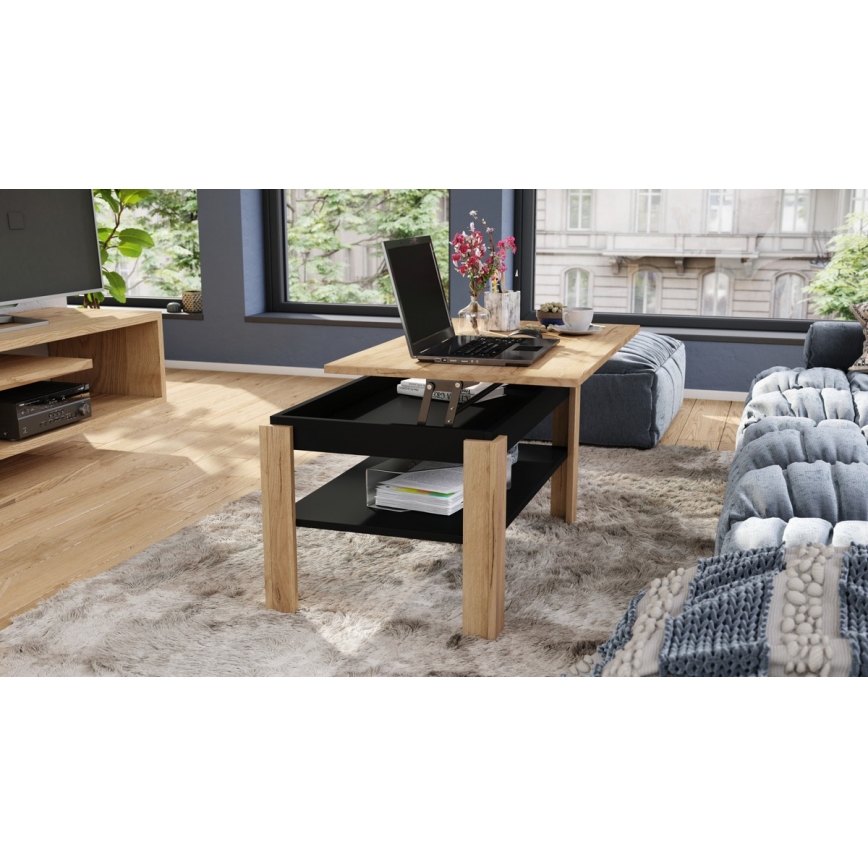 Mesa de centro dobrável com tampo elevatório e prateleira ADEN carvalho/preto
