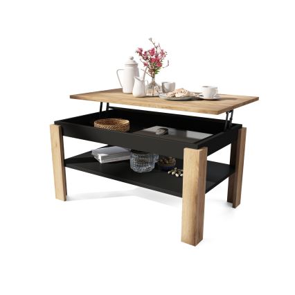 Mesa de centro dobrável com tampo elevatório e prateleira ADEN carvalho/preto