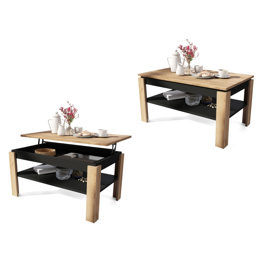Mesa de centro dobrável com tampo elevatório e prateleira ADEN carvalho/preto