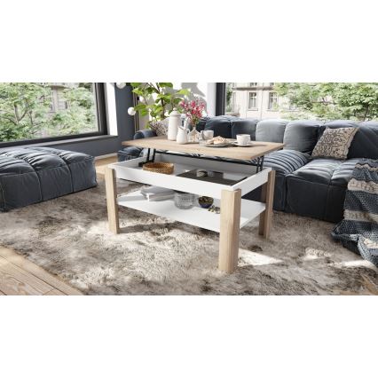 Mesa de centro dobrável com tampo elevatório e prateleira ADEN carvalho sonoma/branco