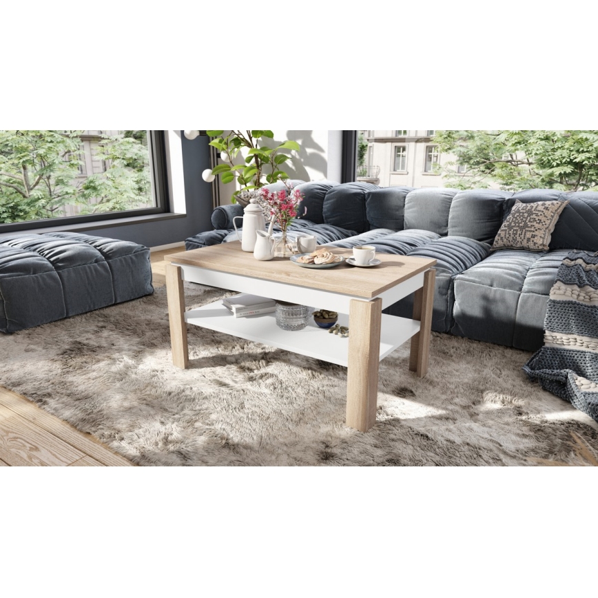 Mesa de centro dobrável com tampo elevatório e prateleira ADEN carvalho sonoma/branco