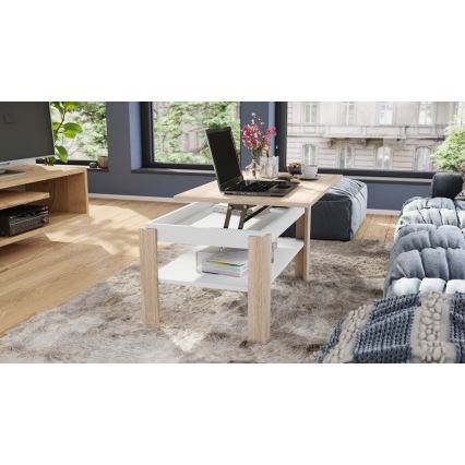 Mesa de centro dobrável com tampo elevatório e prateleira ADEN carvalho sonoma/branco