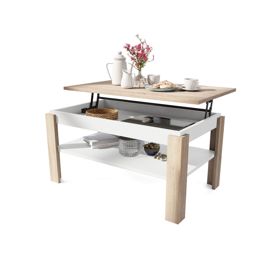 Mesa de centro dobrável com tampo elevatório e prateleira ADEN carvalho sonoma/branco