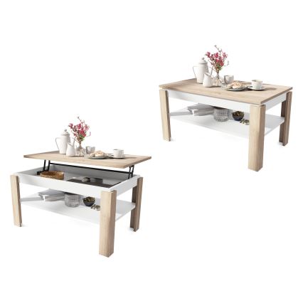 Mesa de centro dobrável com tampo elevatório e prateleira ADEN carvalho sonoma/branco