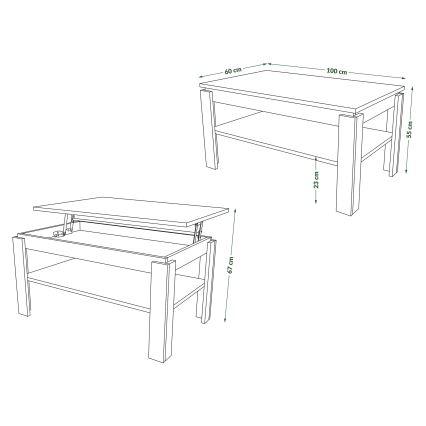 Mesa de centro dobrável com tampo elevatório e prateleira ADEN carvalho sonoma/branco