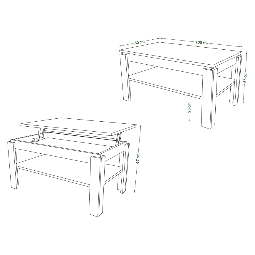 Mesa de centro dobrável com tampo elevatório e prateleira ADEN carvalho sonoma/branco