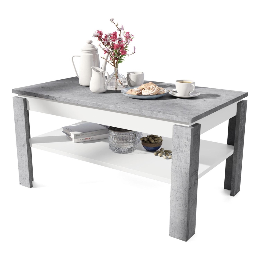 Mesa de centro dobrável com tampo elevatório e prateleira ADEN cinzento/branco