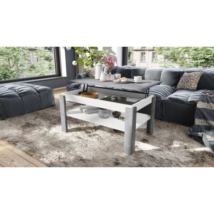 Mesa de centro dobrável com tampo elevatório e prateleira ADEN cinzento/branco