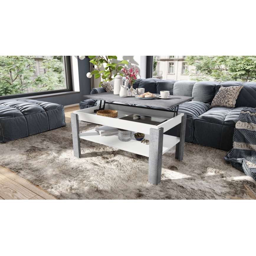 Mesa de centro dobrável com tampo elevatório e prateleira ADEN cinzento/branco