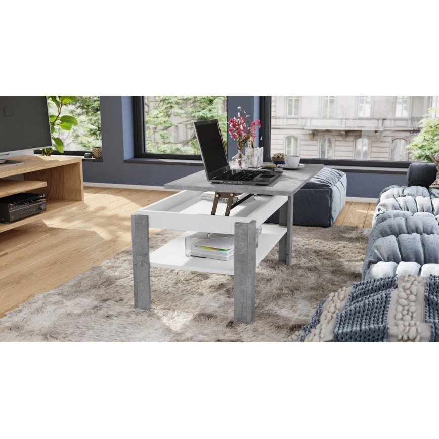 Mesa de centro dobrável com tampo elevatório e prateleira ADEN cinzento/branco