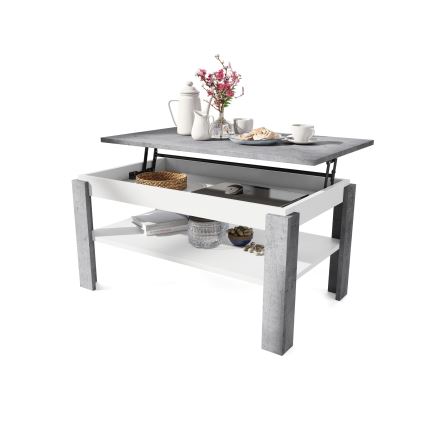 Mesa de centro dobrável com tampo elevatório e prateleira ADEN cinzento/branco