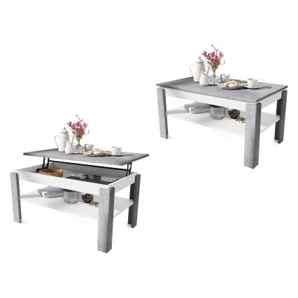 Mesa de centro dobrável com tampo elevatório e prateleira ADEN cinzento/branco