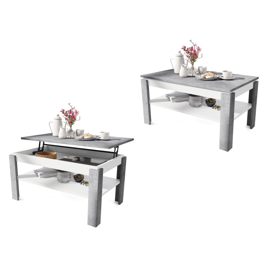 Mesa de centro dobrável com tampo elevatório e prateleira ADEN cinzento/branco