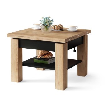 Mesa de centro dobrável com tampo elevatório e prateleira CALEB carvalho/preto
