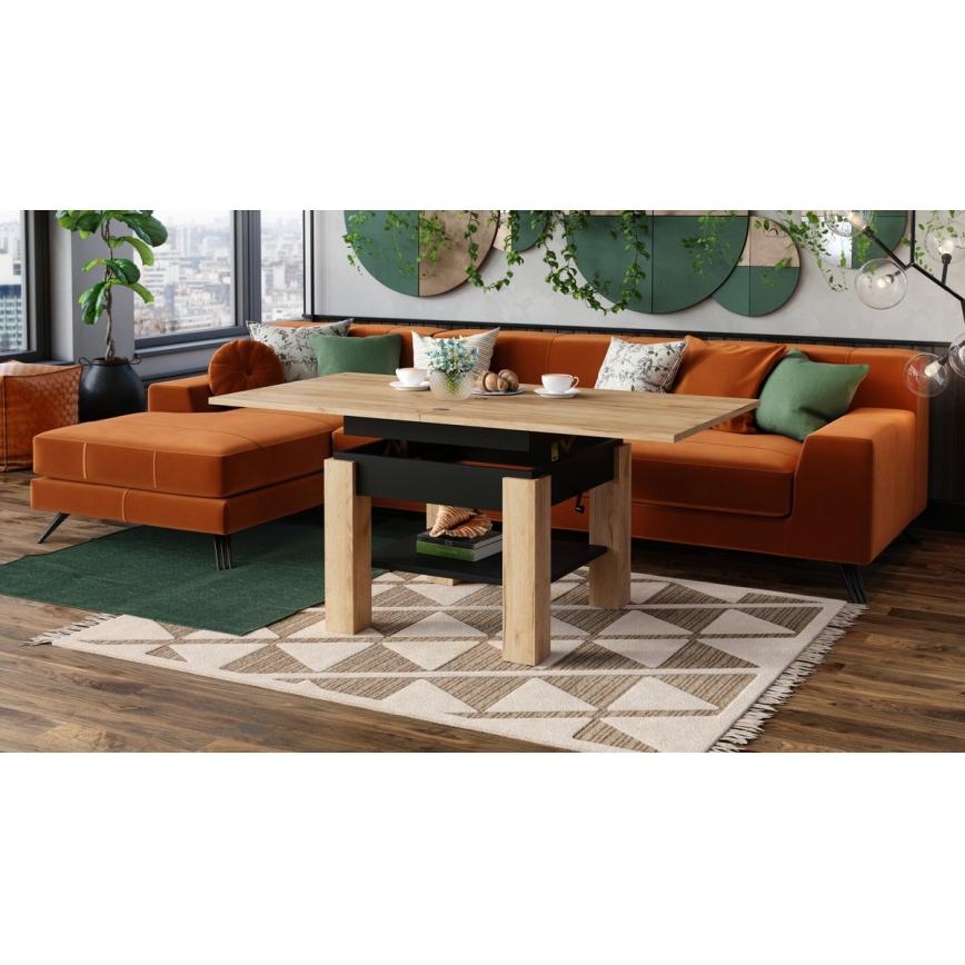 Mesa de centro dobrável com tampo elevatório e prateleira CALEB carvalho/preto