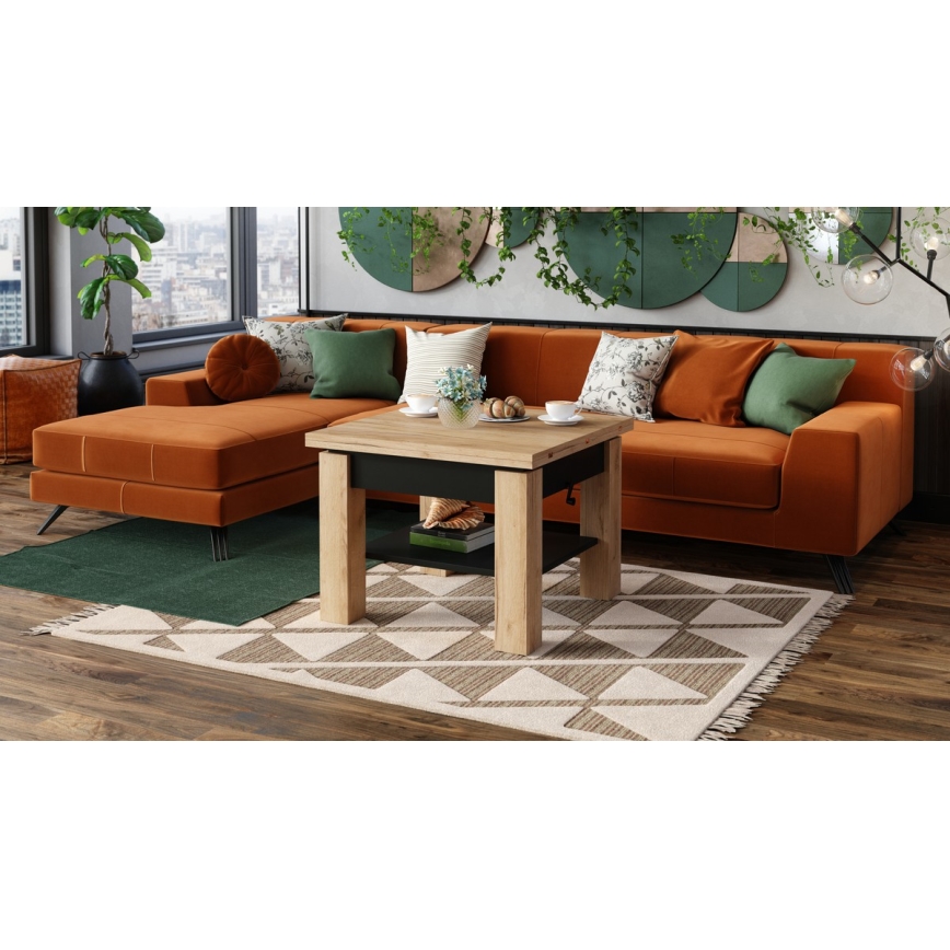 Mesa de centro dobrável com tampo elevatório e prateleira CALEB carvalho/preto