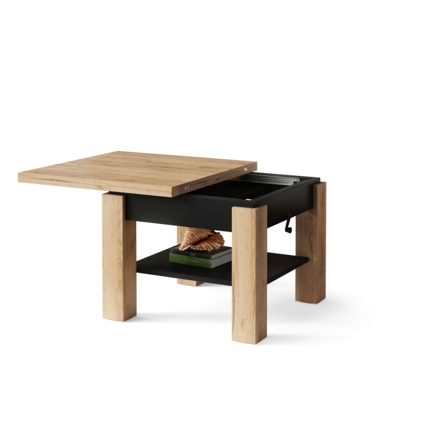 Mesa de centro dobrável com tampo elevatório e prateleira CALEB carvalho/preto