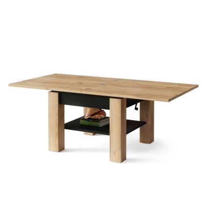 Mesa de centro dobrável com tampo elevatório e prateleira CALEB carvalho/preto