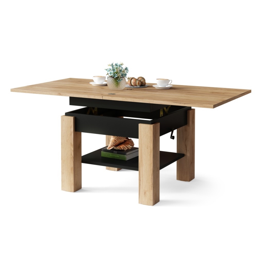 Mesa de centro dobrável com tampo elevatório e prateleira CALEB carvalho/preto