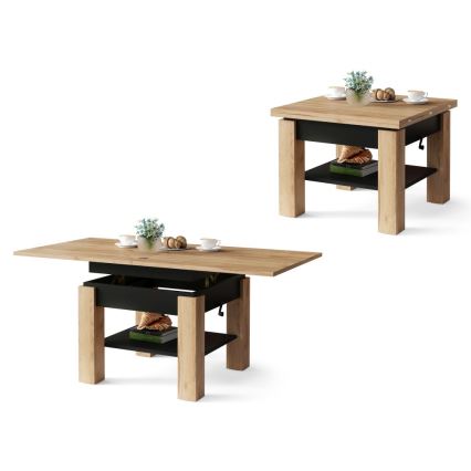Mesa de centro dobrável com tampo elevatório e prateleira CALEB carvalho/preto