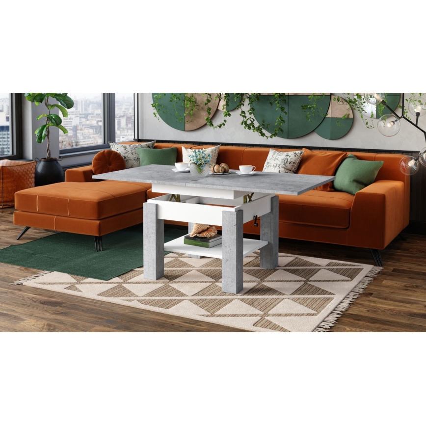 Mesa de centro dobrável com tampo elevatório e prateleira CALEB cinzento/branco