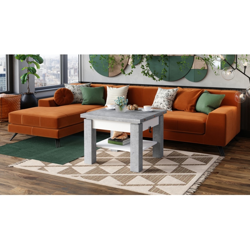 Mesa de centro dobrável com tampo elevatório e prateleira CALEB cinzento/branco