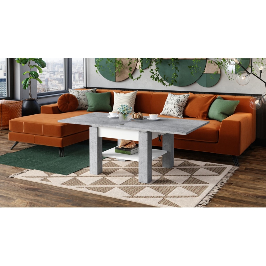 Mesa de centro dobrável com tampo elevatório e prateleira CALEB cinzento/branco