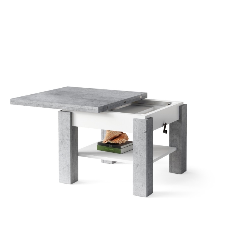 Mesa de centro dobrável com tampo elevatório e prateleira CALEB cinzento/branco
