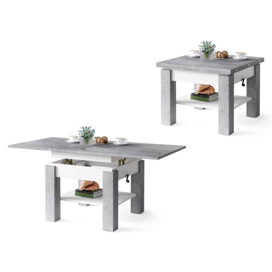 Mesa de centro dobrável com tampo elevatório e prateleira CALEB cinzento/branco