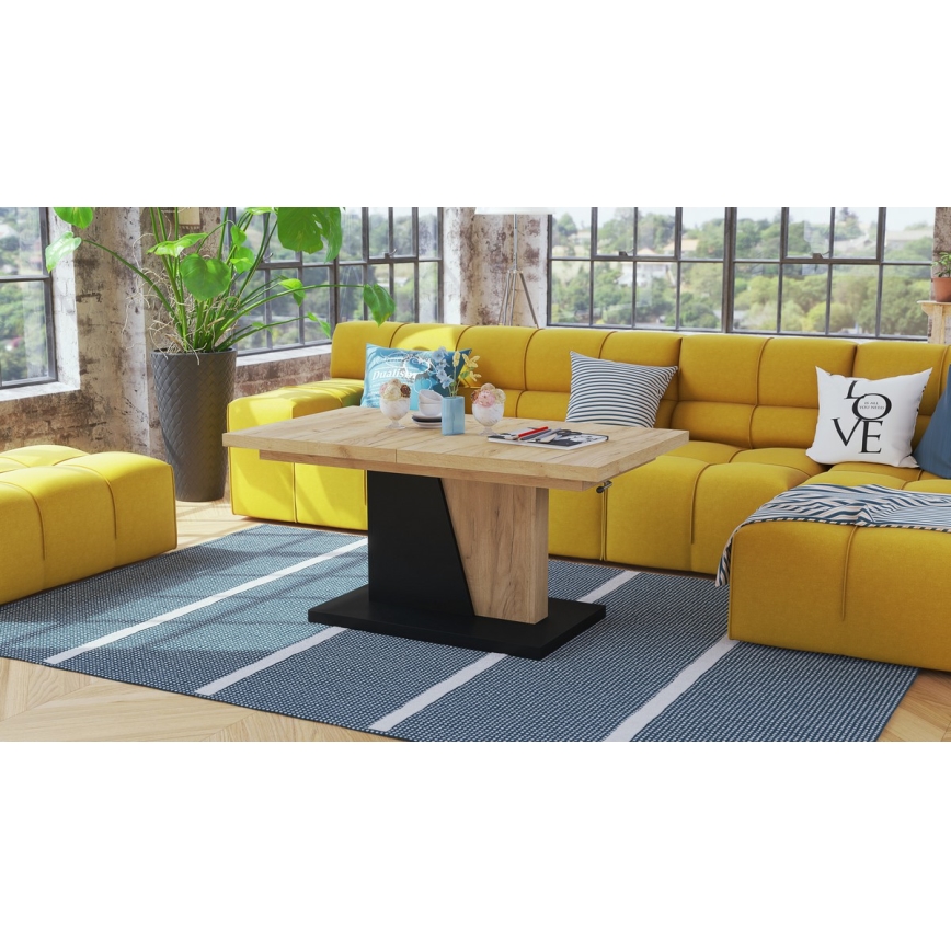 Mesa de centro dobrável com tampo elevatório NINO carvalho/preto