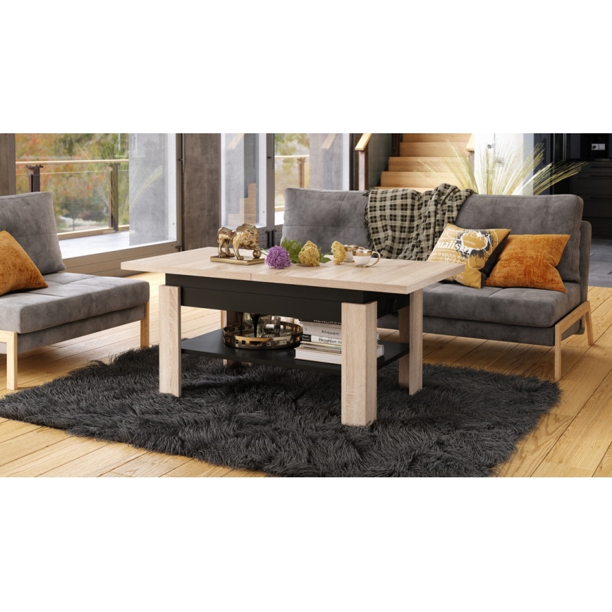 Mesa de centro dobrável com tampo elevatório ROY carvalho/preto