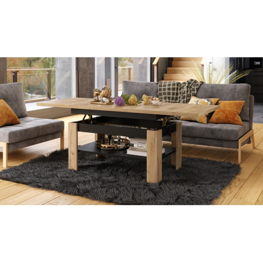 Mesa de centro dobrável com tampo elevatório ROY carvalho sonoma/preto