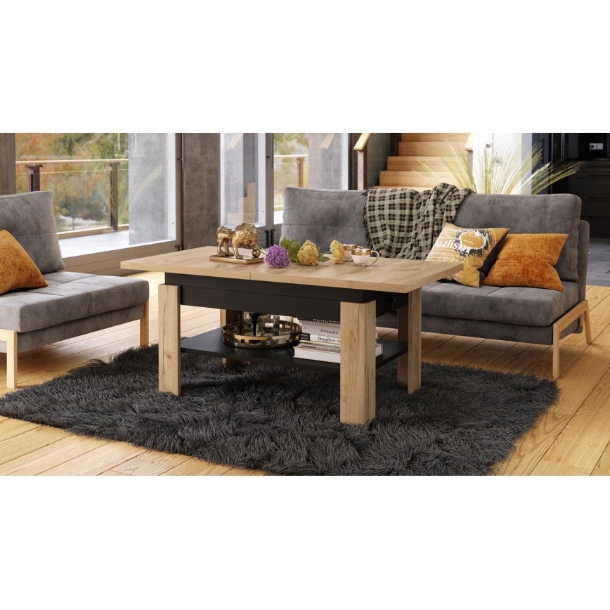 Mesa de centro dobrável com tampo elevatório ROY carvalho sonoma/preto