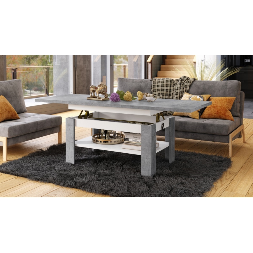 Mesa de centro dobrável com tampo elevatório ROY cinzento/branco