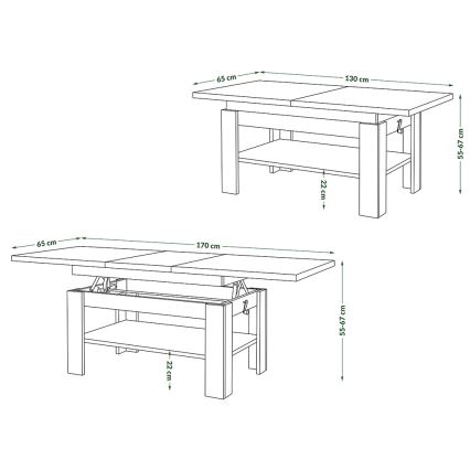 Mesa de centro dobrável com tampo elevatório ROY cinzento/branco
