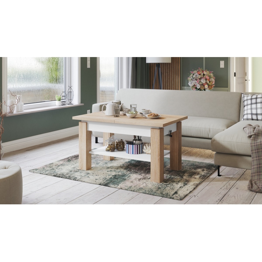 Mesa de centro dobrável com uma prateleira ADONIS carvalho sonoma/branco
