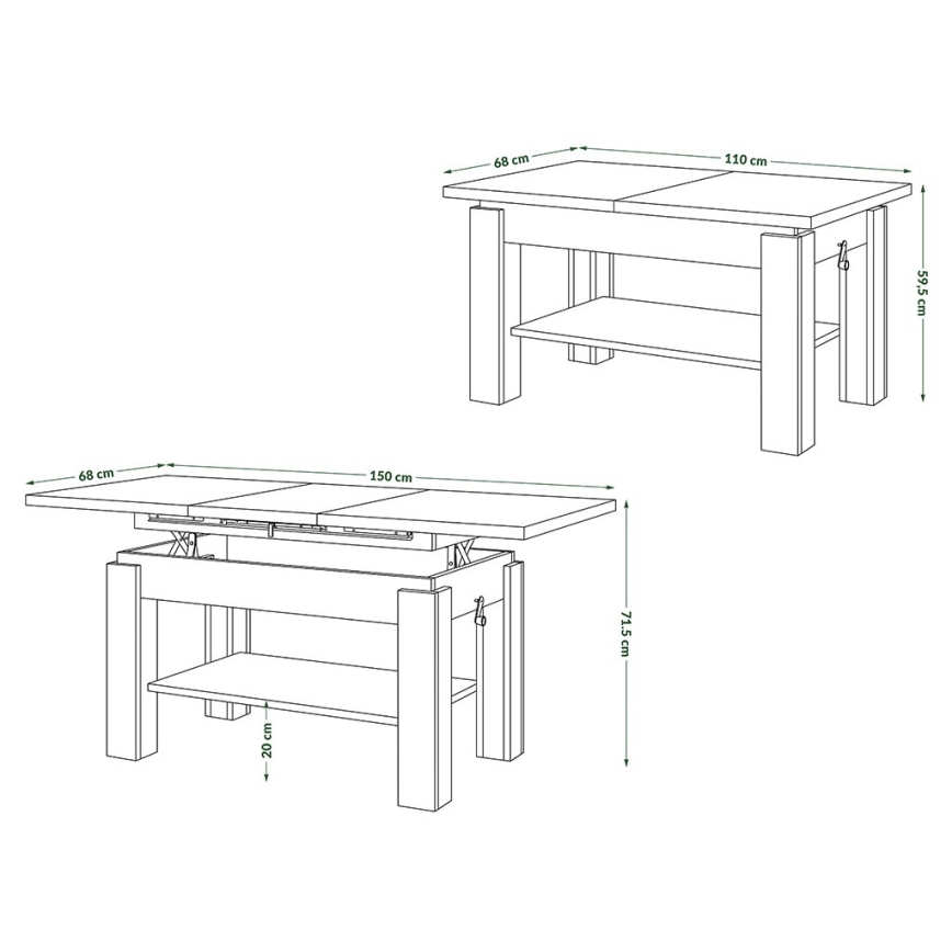 Mesa de centro dobrável com uma prateleira ADONIS carvalho sonoma/branco