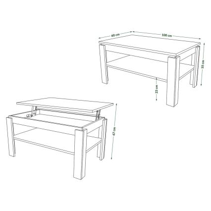 Mesa de centro extensível com tampo elevatório e prateleira ADEN carvalho craft/preto