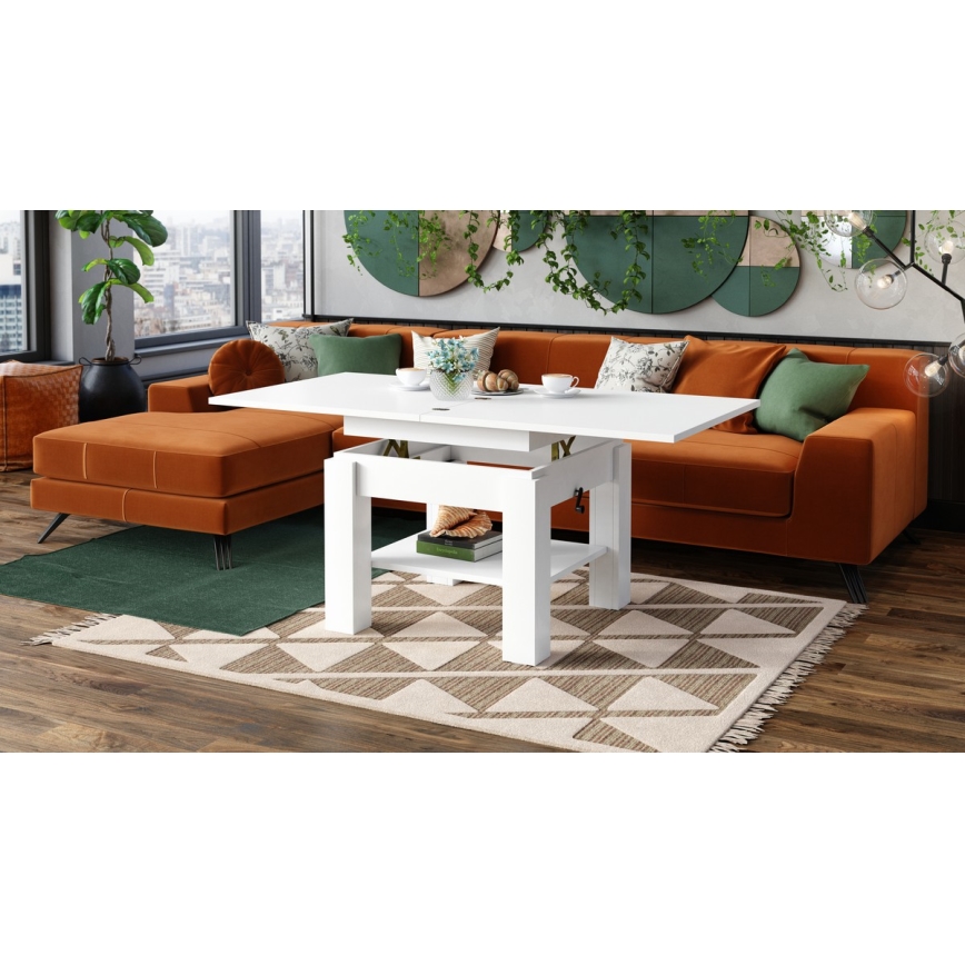 Mesa de centro/jantar extensível com tampo elevatório CALEB branco
