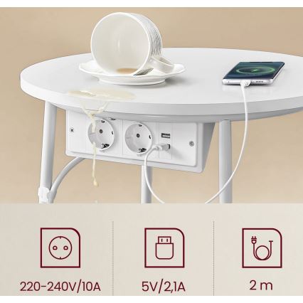 Mesa lateral com tomadas embutidas e portas USB NOIRA bege/branco