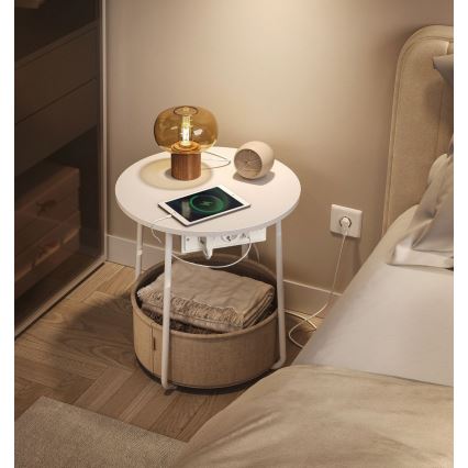 Mesa lateral com tomadas embutidas e portas USB NOIRA bege/branco