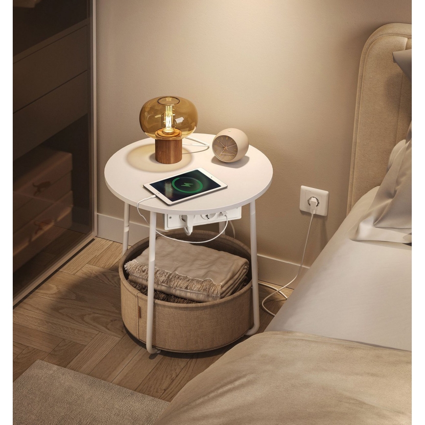 Mesa lateral com tomadas embutidas e portas USB NOIRA bege/branco