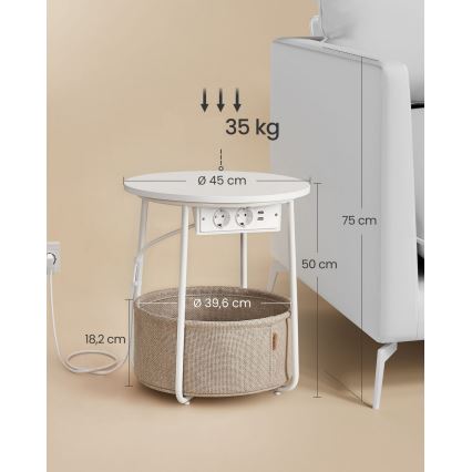 Mesa lateral com tomadas embutidas e portas USB NOIRA bege/branco