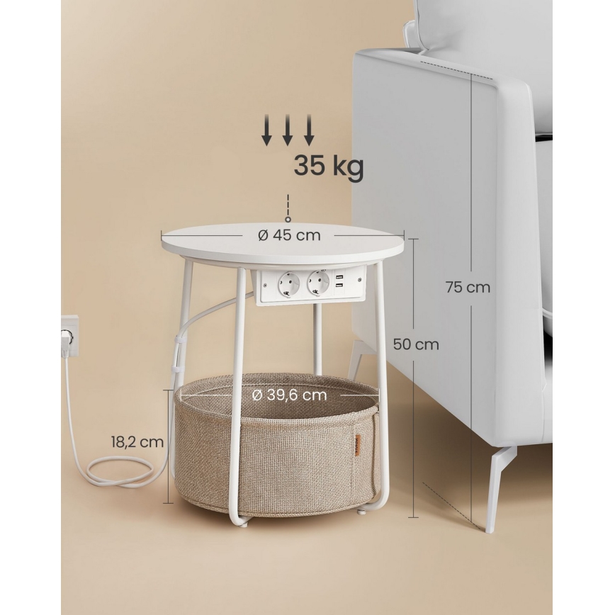 Mesa lateral com tomadas embutidas e portas USB NOIRA bege/branco