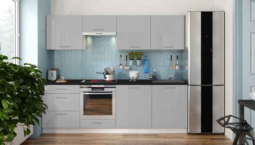 Móvel de cozinha CELESTE 240 cm, cinzento brilhante