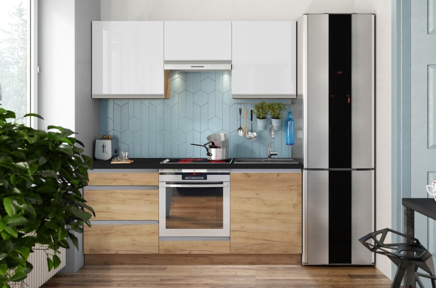 Móvel de cozinha MARINA 180 cm, carvalho craft/branco lacado brilhante