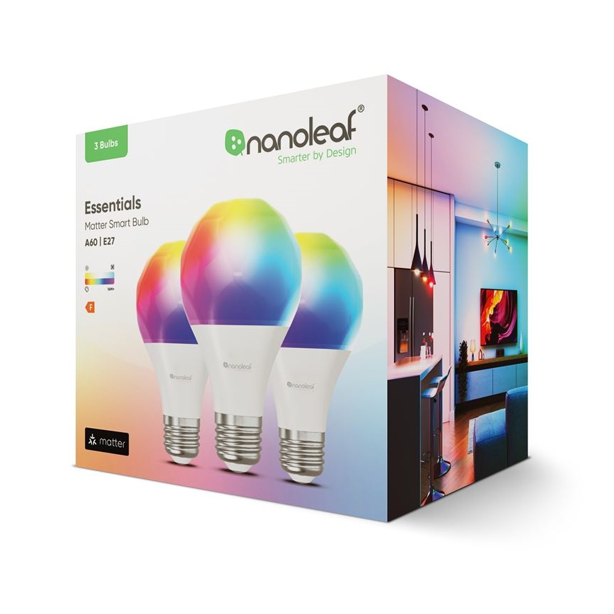 CONJUNTO 3x Lâmpadas LED RGBW com regulação ESSENTIALS A60 E27/8,5W/230V CRI 90 2700-6500K Wi-Fi - Nanoleaf