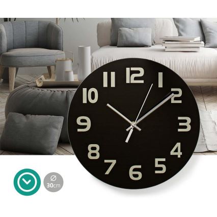 Relógio de parede 1xAA/1,5V vidro 30 cm preto